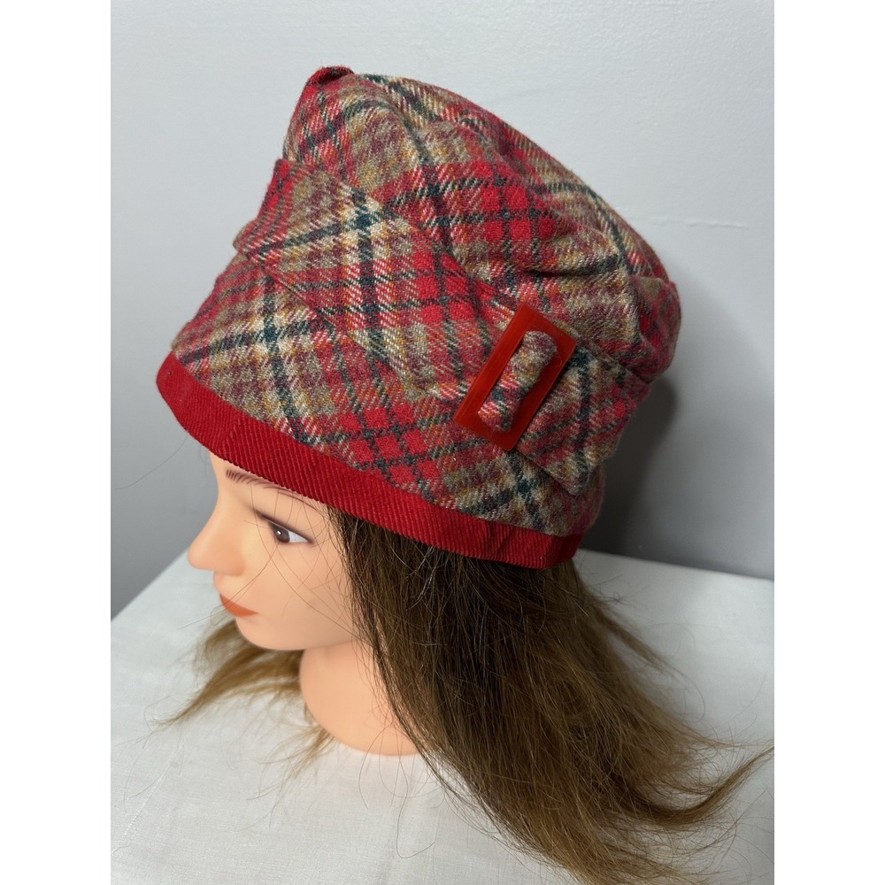 Dapper flapper Hat wool vintage Bucket Hat One Size Red Plaid - Picture 5 of 7